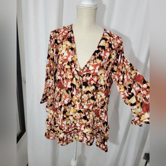 Ophelia Roe Size Large Ruffle Tunic V Neck 3/4 Sleeve Top - Picture 3 of 12